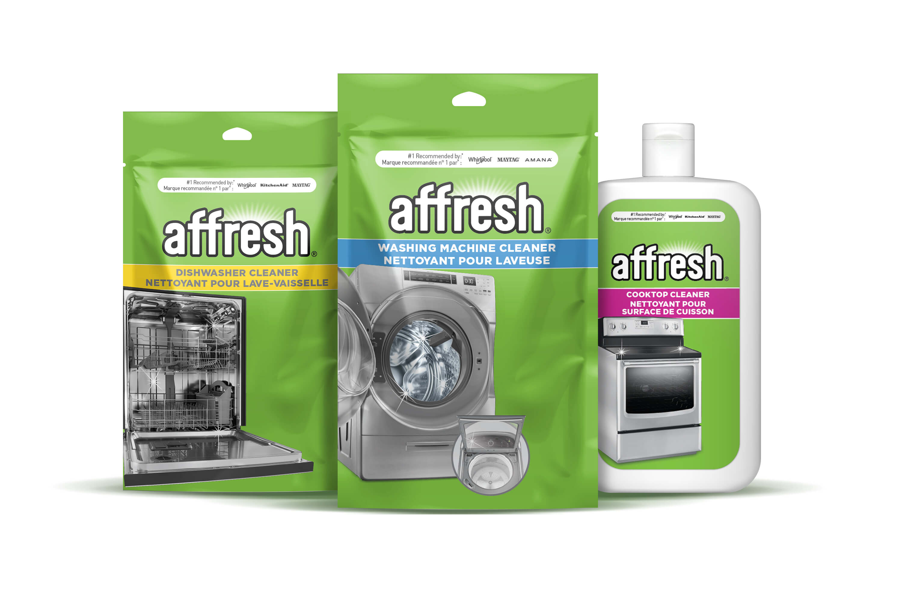 Three packages of affresh products: affresh Washing Machine Cleaner, affresh Dishwasher Cleaner and a bottle of affresh Cooktop Cleaner