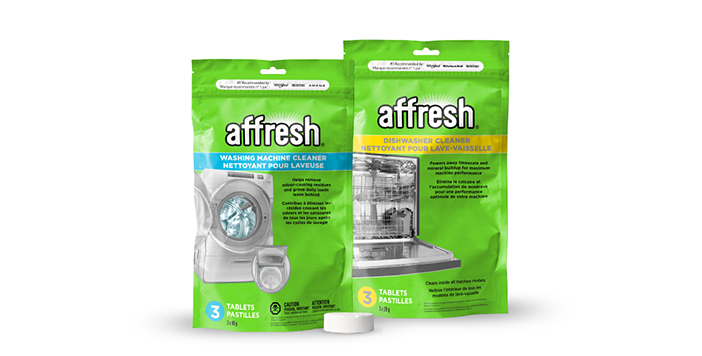 Three packages of affresh products: affresh Washing Machine Cleaner, affresh Dishwasher Cleaner and a bottle of affresh Cooktop Cleaner