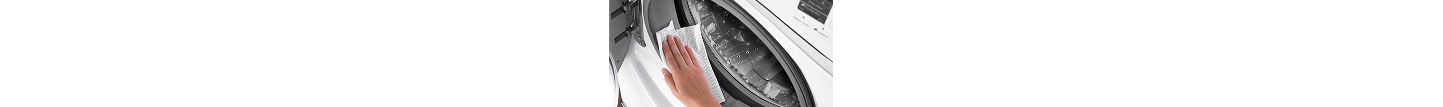 A person placing an affresh washing machine tablet into front load washing machine.A woman wiping down a bathroom sink with a spray cleaner.