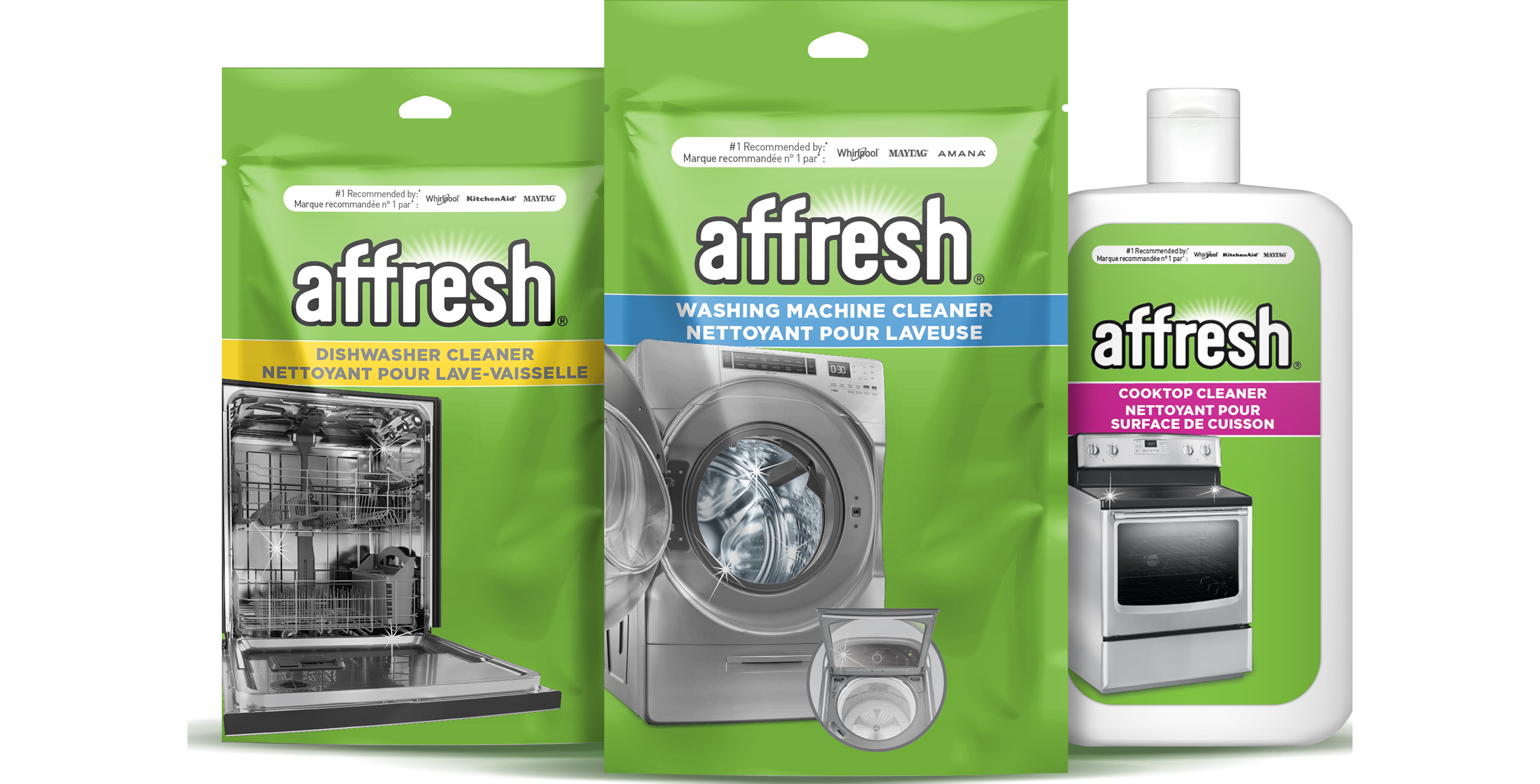 Three packages of affresh products: affresh Washing Machine Cleaner, affresh Dishwasher Cleaner and a bottle of affresh Cooktop Cleaner