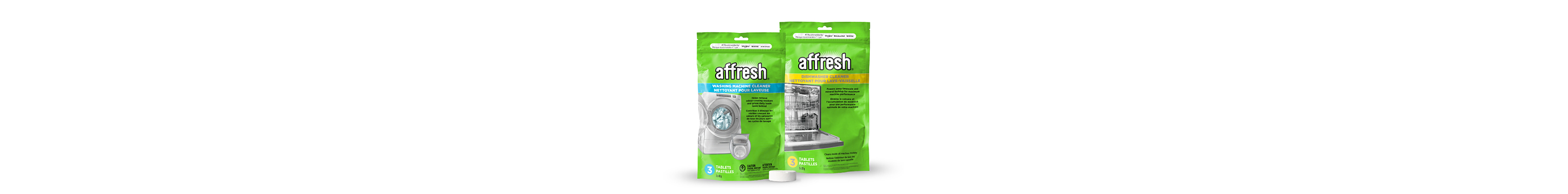 Three packages of affresh products: affresh Washing Machine Cleaner, affresh Dishwasher Cleaner and a bottle of affresh Cooktop Cleaner