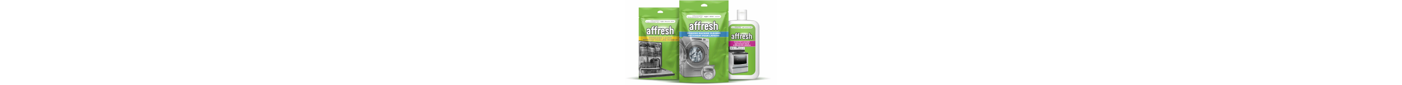 Trois produits affresh : le nettoyant affresh pour lave-vaisselle, le nettoyant affresh pour laveuse et une bouteille de nettoyant affresh pour table de cuisson